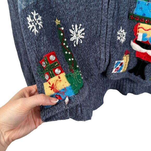 Tiara International Blue Christmas Sweater Cardigan Santa Presents Womens Medium - Picture 2 of 5